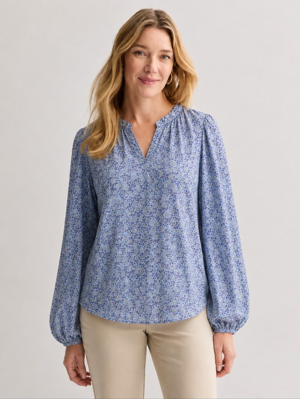 LOFT Blue Floral Peasant Blouse Long Sleeve Split Neck Women's Large